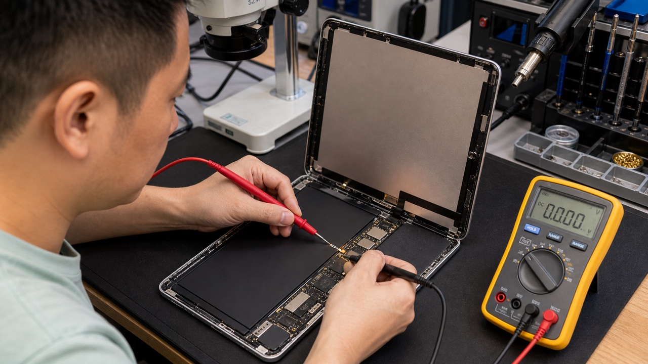 Técnico probando la placa lógica de un iPad abierto con puntas de multímetro bajo un microscopio