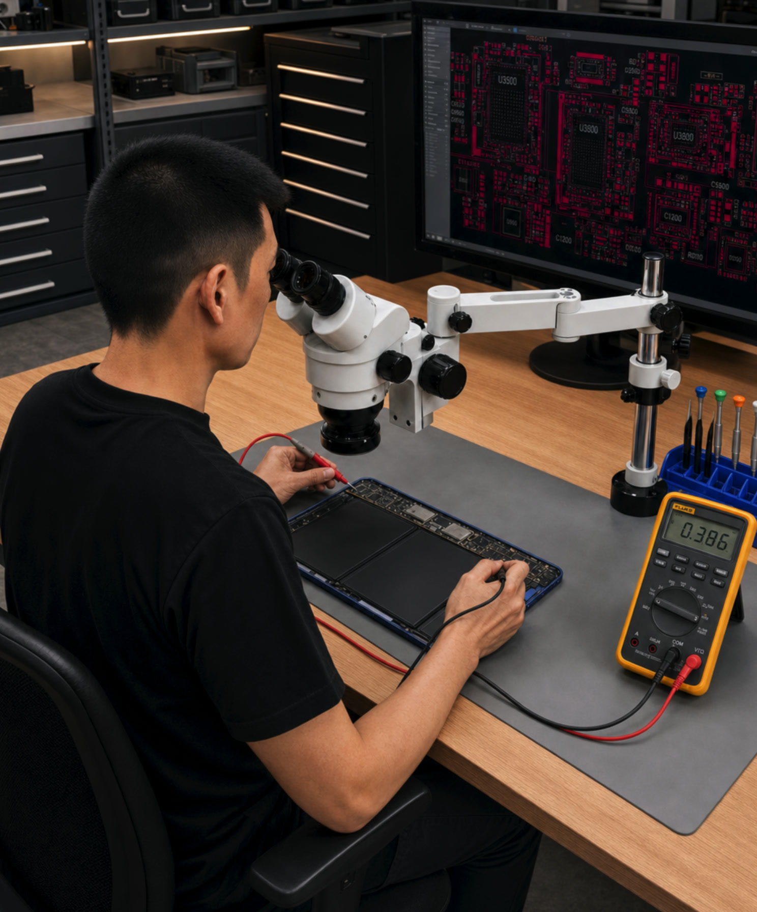 Technician testing an opened iPad with multimeter probes under a microscope in a NYC repair shop