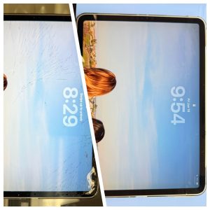 Cracked iPad screen before repair on the left with cracks spreading across the glass, and the same iPad with a clear new screen after replacement on the right