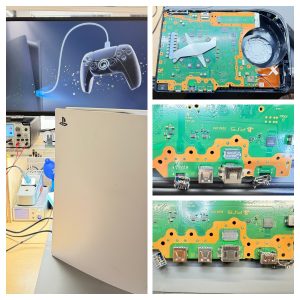 PS5 console on the repair bench next to a PS5 motherboard showing the HDMI and USB port area during a board-level repair
