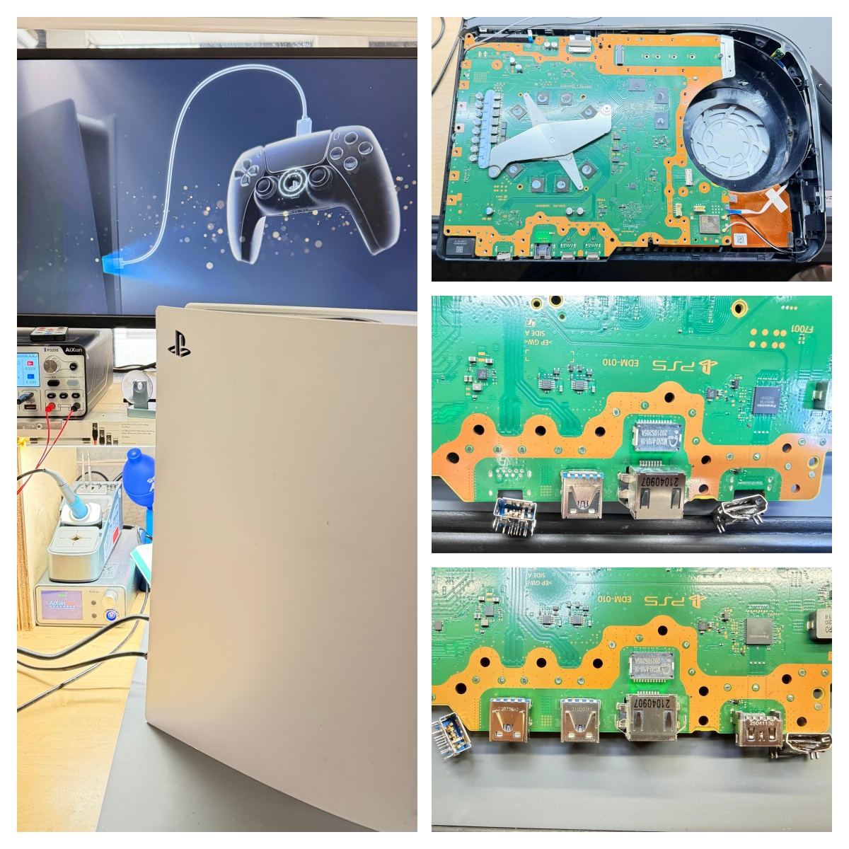 PS5 console on the repair bench next to a PS5 motherboard showing the HDMI and USB port area during a board-level repair