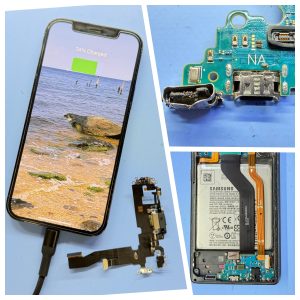 iPhone charging normally after repair next to the charging port flex cable removed from it, a burnt Samsung USB-C port beside the replacement soldered onto the board, and an opened Samsung phone with the new port fitted