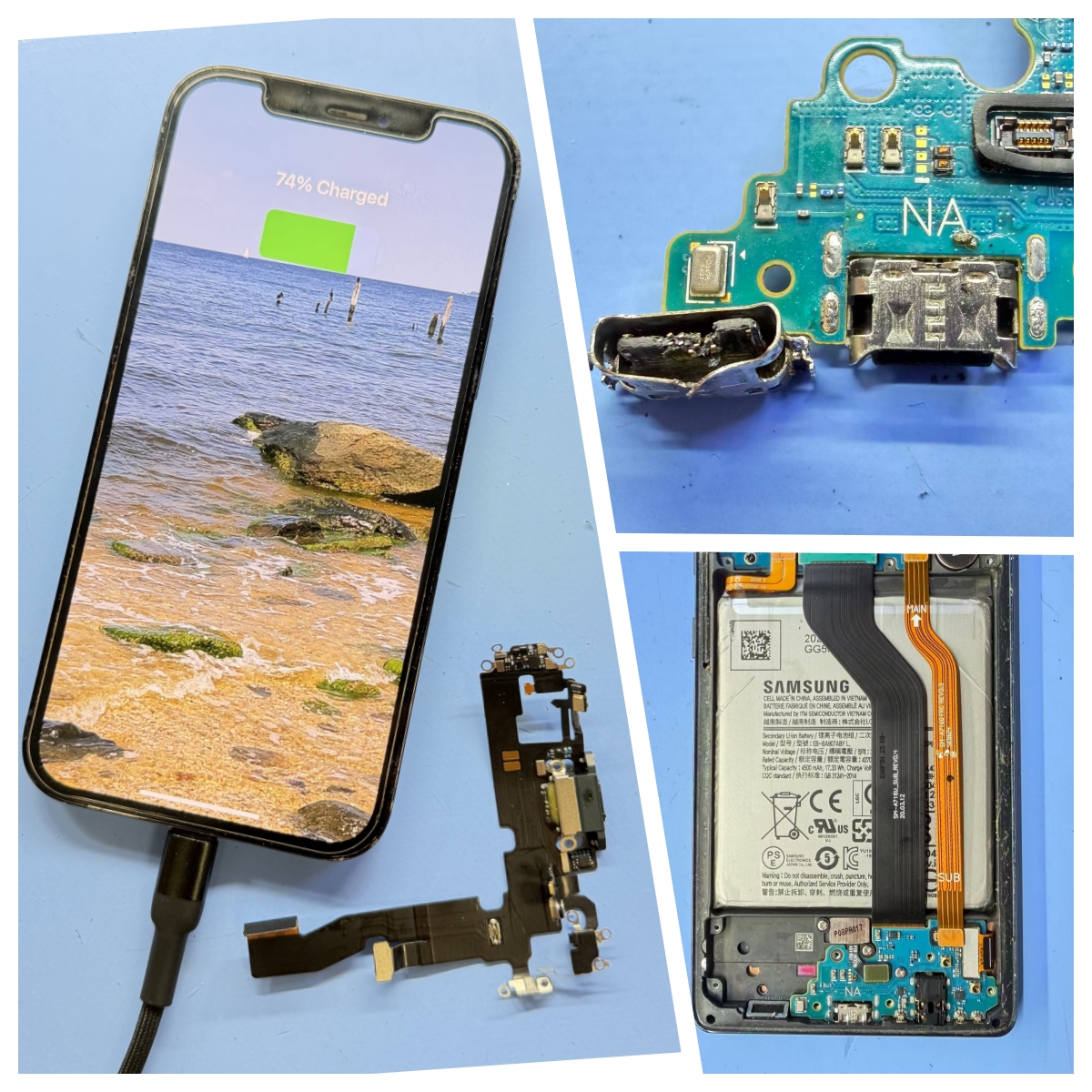 iPhone charging normally after repair next to the charging port flex cable removed from it, a burnt Samsung USB-C port beside the replacement soldered onto the board, and an opened Samsung phone with the new port fitted