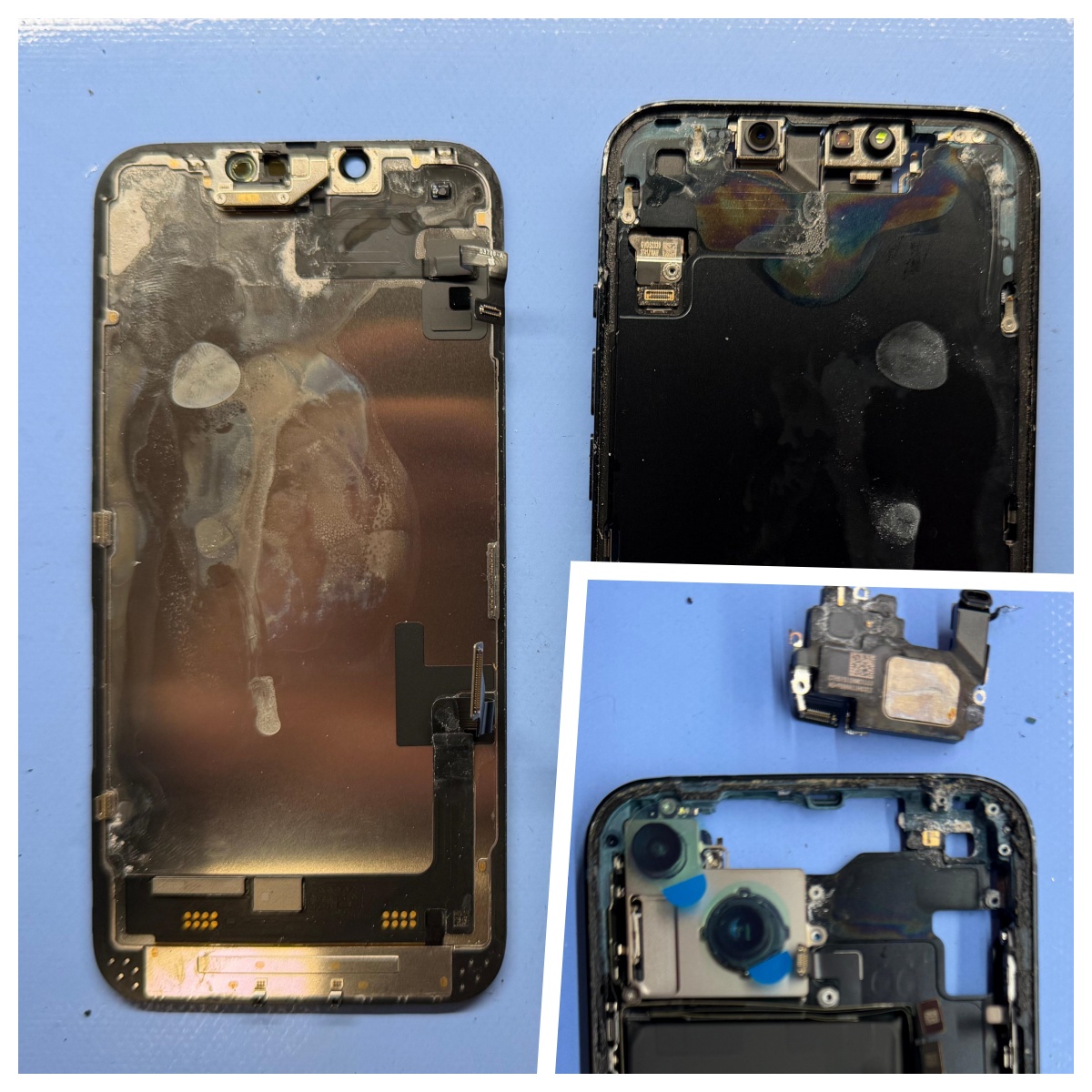 Disassembled water-damaged iPhone showing white residue across the back of the screen, rainbow-colored corrosion staining inside the frame, and a corroded speaker module removed from the phone