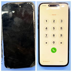 Cracked iPhone screen before and after screen repair in Lower East Side NYC