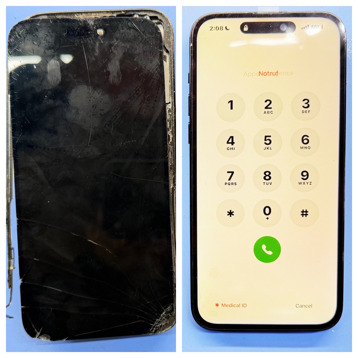 Cracked iPhone screen before and after screen repair in Lower East Side NYC