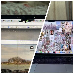 MacBook screen before and after replacement, with vertical lines across the damaged display on the left and a clear picture on the right